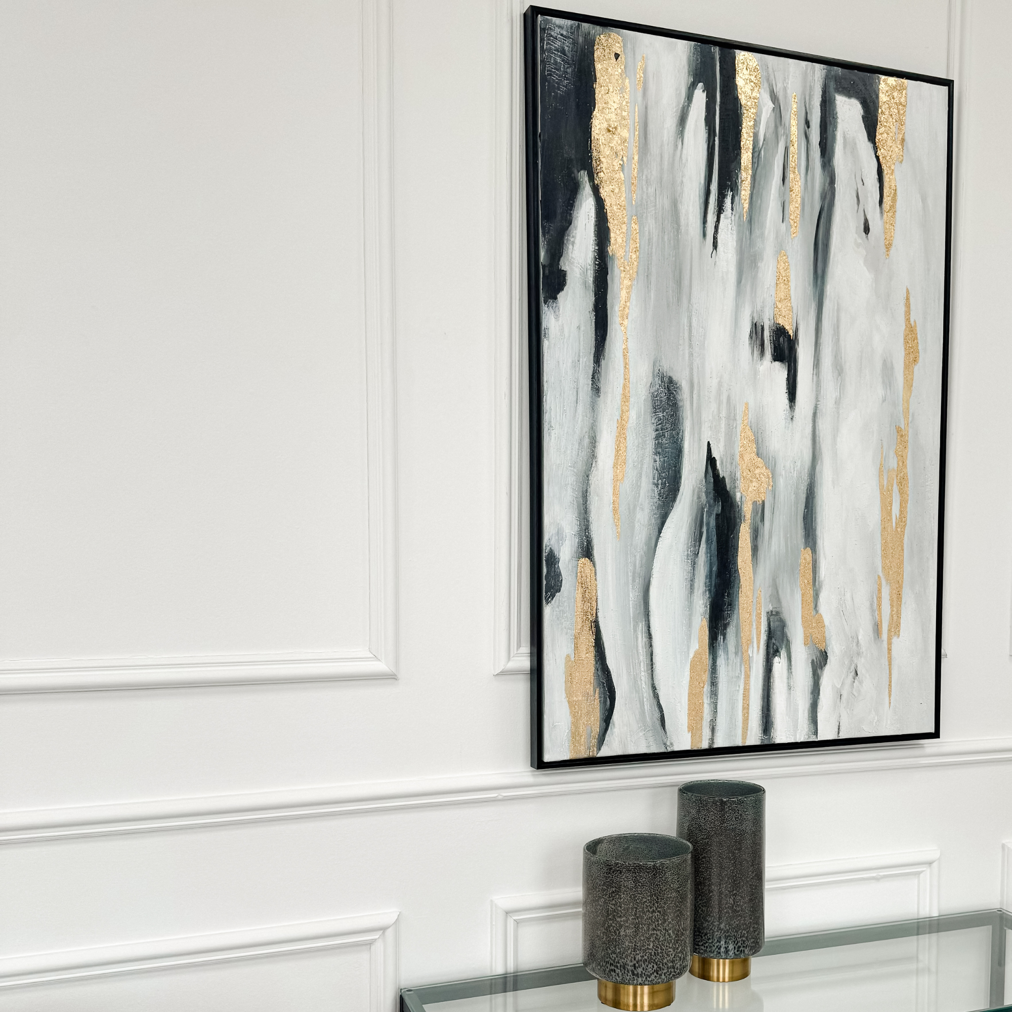 Abstract Ocean View Canvas with Black and Gold Accents and Black Frame